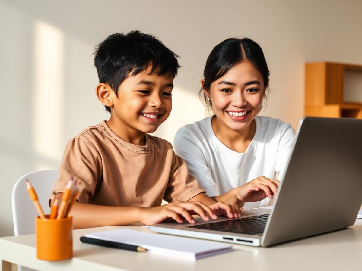 Anak belajar online didampingi ibunya di meja belajar rumah